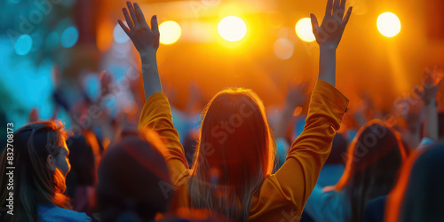 A vibrant crowd enjoying a live music concert at night, with bright stage lights illuminating the colorful atmosphere. Hands raised in excitement.