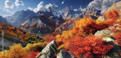 A mountain scene during autumn, where the foliage has turned vibrant shades of red, orange, and yellow, contrasted against the rugged, rocky peaks.