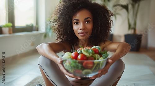 Healthy diet and sport. Beautiful plump woman in sport clothes eating vegetable salad from glass bowl while sitting on floor. Black young female following slimming and exercising program at home. 