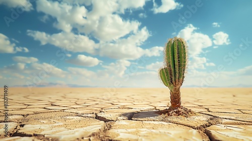 A lone cactus stands tall in a cracked desert landscape under a bright blue sky.