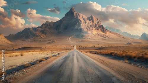 A long, winding road leads towards a majestic mountain range under a dramatic sky. The desert landscape is bathed in warm light.