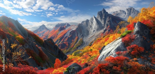 A mountain scene during autumn, where the foliage has turned vibrant shades of red, orange, and yellow, contrasted against the rugged, rocky peaks.