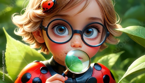 A child dressed in a ladybug costume with round glasses examines a green leaf through a magnifying glass. The child's wide eyes and a ladybug on their hair add charm. The background features lush