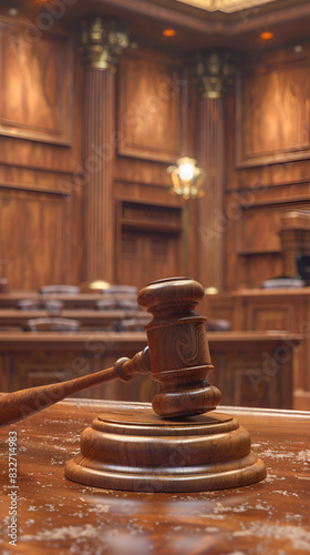 Vertical view of a wooden judge gavel in a courtroom setting, emphasizing the concept of law and justice