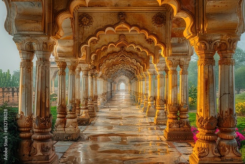 A long hallway with arched pillars and a beautiful archway