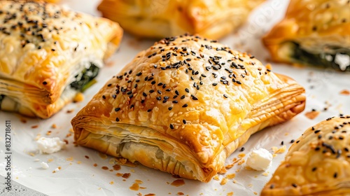 Golden brown pastry pockets filled with creamy feta and vibrant spinach, arranged on a clean white surface.