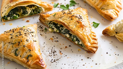 Golden brown pastry pockets filled with creamy feta and vibrant spinach, arranged on a clean white surface.