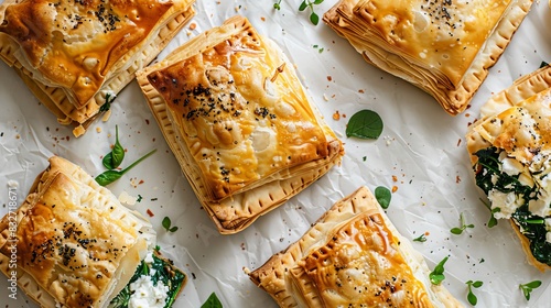 Golden brown pastry pockets filled with creamy feta and vibrant spinach, arranged on a clean white surface.