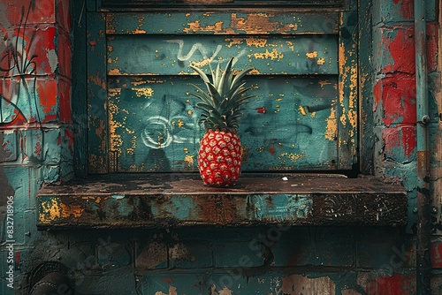 A pineapple is sitting on a wooden shelf in front of a wall with graffiti