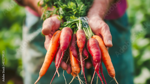 Close up hand of farmer holding bunch of freshly harvested carrots and radish