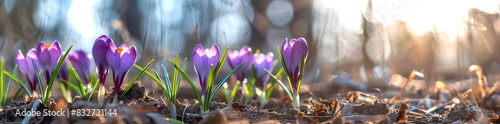 Crocus Purple spring flower growth in the snow with copy space for text. Floral wide panorama. Crocus Iridaceae