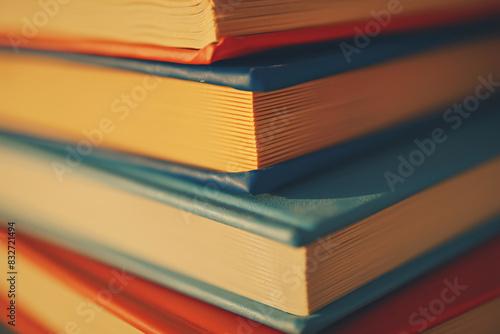 stack of colorful books with visible pages and spines arranged vertically emphasizing the vibrant hues of red blue and yellow
