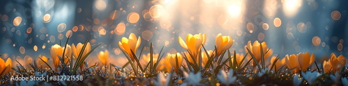 Crocus yellow spring flower growing in the snow with copy space for text. Floral wide panorama. Crocus Iris