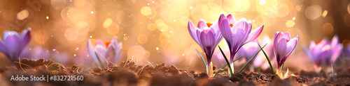 Crocus Purple spring flower growth in the snow with copy space for text. Floral wide panorama. Crocus Iridaceae