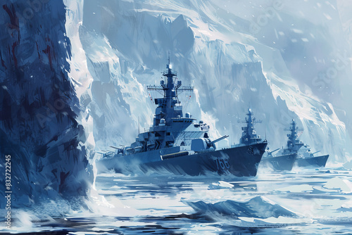 A painting of three battleships in the middle of a frozen ocean