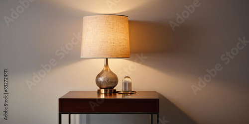 A minimalist side table with a single, delicate lamp, set against a wall with a subtle, texture pattern