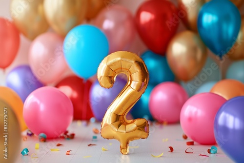 2. Geburtstag, "2" aus goldenem Heliumballon, bunte Luftballons im Hintergrund, farbenfrohe Kinderparty
