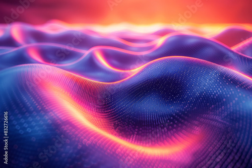 Abstract sound waves in vibrant neon colors, swirling in a rhythmic pattern,