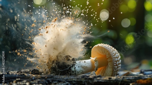 High-resolution image of a puffball mushroom bursting, sending a plume of spores into the environment
