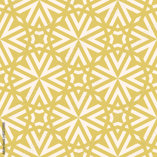 Vector golden geometric graphic texture. Elegant seamless pattern with lines, stars, arrows, grid, lattice, floral silhouettes. Simple abstract gold background. Modern repeated decorative geo design