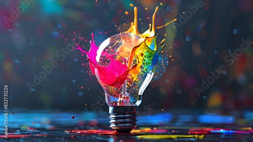 Exploding light bulb with vibrant paint splashes on a black background. Creative idea concept of thinking differently.