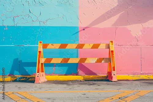 Yellow pink barricade in front of pink blue wall