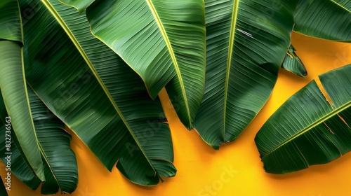 Large green banana leaves on a yellow background
