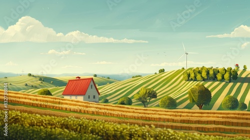 A rural scenery featuring farmland crops windmills and trees scattered across the fields