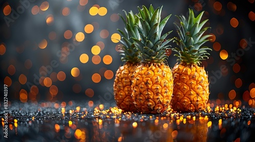  A pair of pineapples resting atop a table beside a golden confetti wall