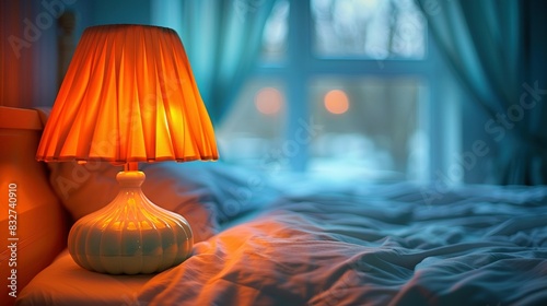  A lamp rests atop a bed beside a lamp positioned beside the window