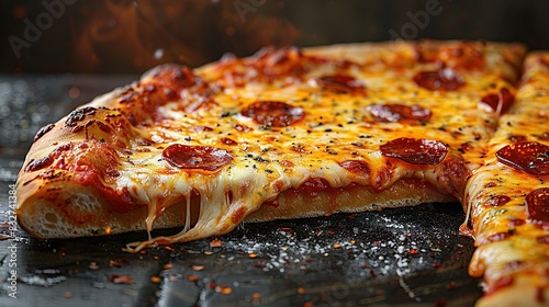  A close-up of a pepperoni pizza on a pan, with a slice removed and a fire in the background