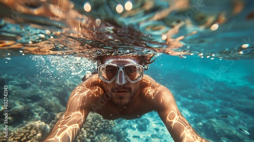 Man snorkeling in clear waters, concept of exploration and wonder