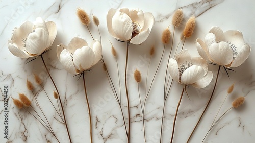  A group of snow-white blossoms resting atop a white marble slab alongside two dark twigs