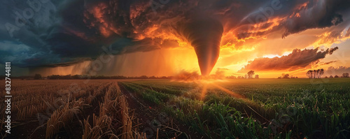 Tornado touching down in a rural area with stunning sunset skies in panoramic view