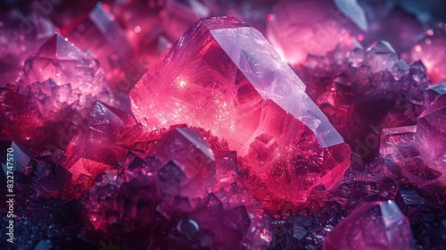  A group of pink and purple crystals on a dark background with water drops positioned above and below