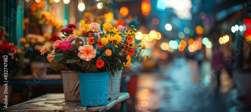 City flower market on blurred background with abundant space for strategic text positioning
