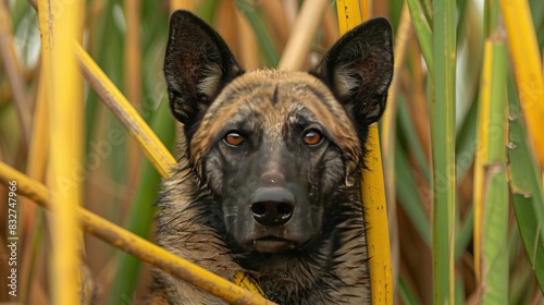  A close-up of a dog peering out from a reedy region surrounded by lush green foliage