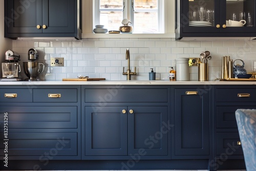Elegant kitchen with dark blue cabinets and brass hardware.
