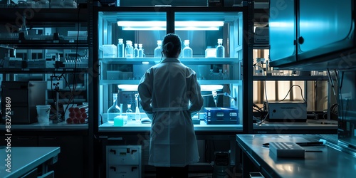 Researcher in the lab, back view, using a biosafety cabinet, advanced laboratory setup