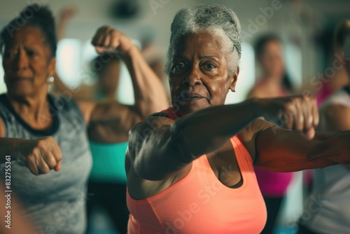 Elderly African-American woman energetically participating in an aerobic exercise class, highlighted by colorful backlighting.