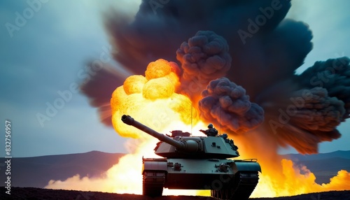 A tank fires its cannon amidst a fiery explosion, capturing the intensity of battle. The dramatic lighting and vibrant colors emphasize the chaos and power of the moment, depicting modern warfare.. AI