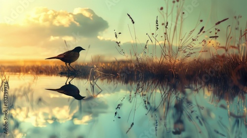 Bird on shore and its reflection in wetland