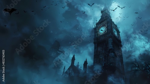 Design a spooky clock tower with bats flying around and space for text