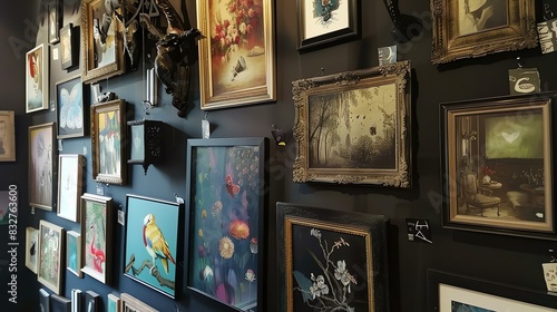 A collection of paintings in various styles and frames hang on a dark blue wall. The paintings are mostly portraits, landscapes, and still lifes.