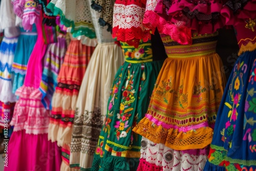 Experience the vibrant beauty of traditional Hispanic clothing in this captivating display.