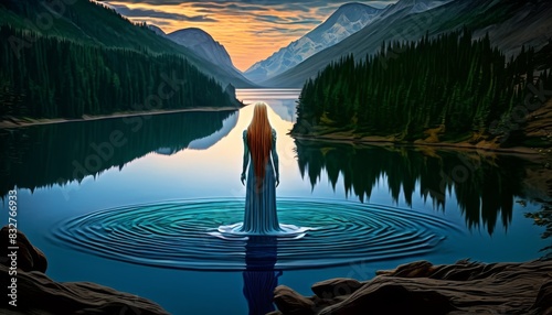 Evocative image of a woman with long hair standing in a tranquil mountain lake, contemplating her reflection in the serene waters at dusk.. AI Generation