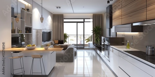 Minimalist kitchen design in an apartment with clean lines, modern appliances, and a breakfast bar