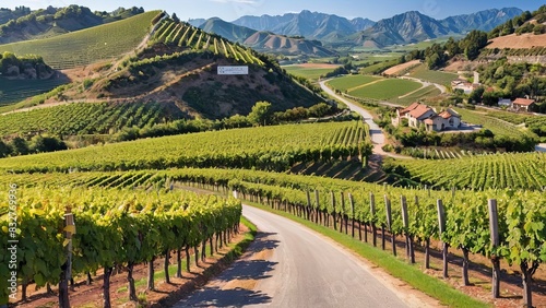 Scenic Vineyard Landscape with Rolling Hills and Farmhouses