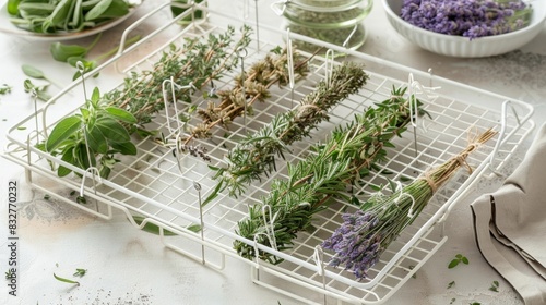 A white wire herb drying rack with clips to hold individual stems of dried herbs including rosemary and lavender.