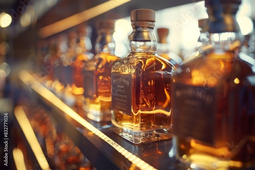Bottles of whiskey neatly arranged on a shelf, showcasing various brands and labels